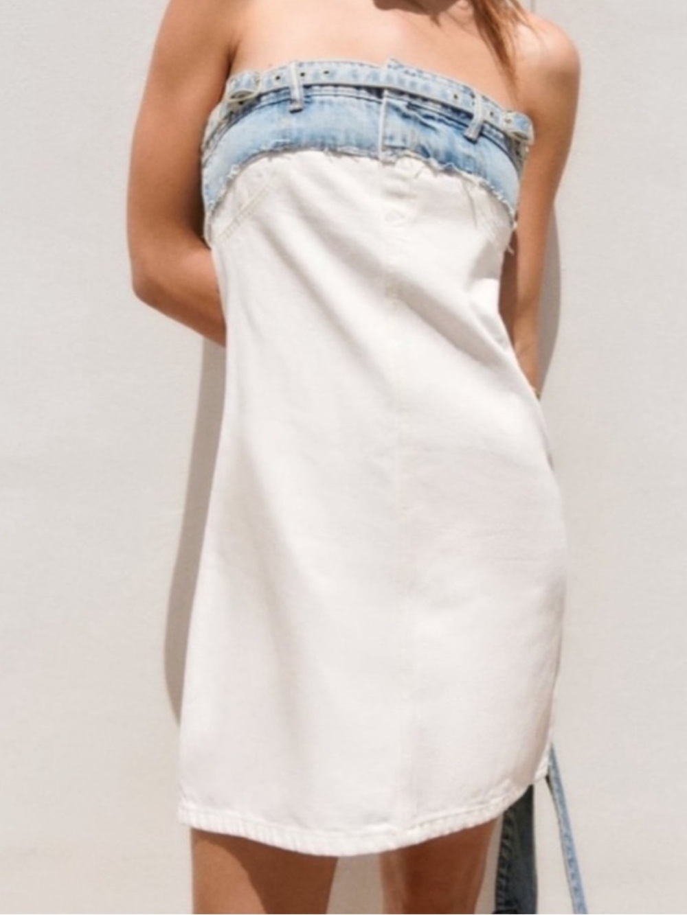 Zara Light Blue Denim and White Strapless Mini Skirt